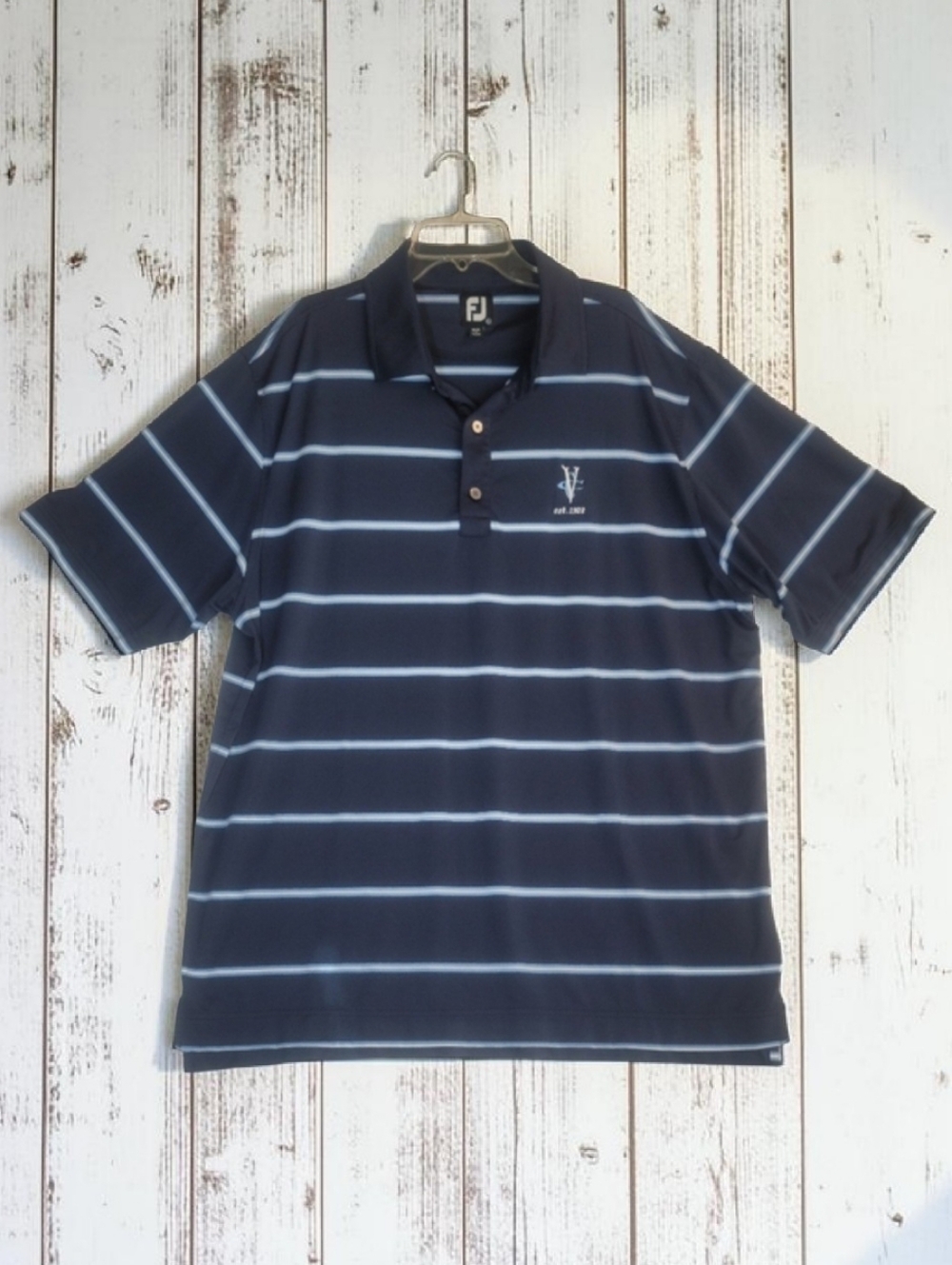 FootJoy Sz-XL Men's Navy Polo Shirt with Light Blue Stripes P-P 24" Legenth 28"